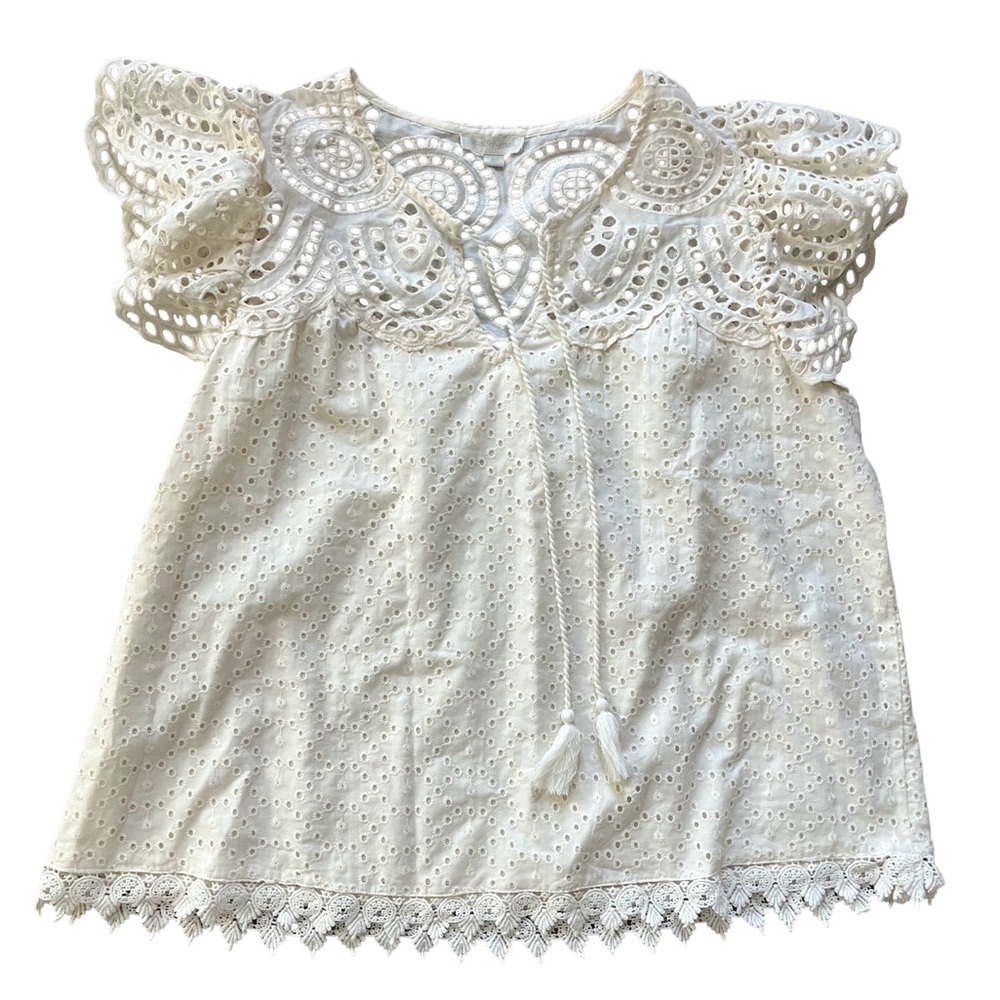 Jennifer and Grace Cream Eyelet Lace Tassel Blouse Size Large